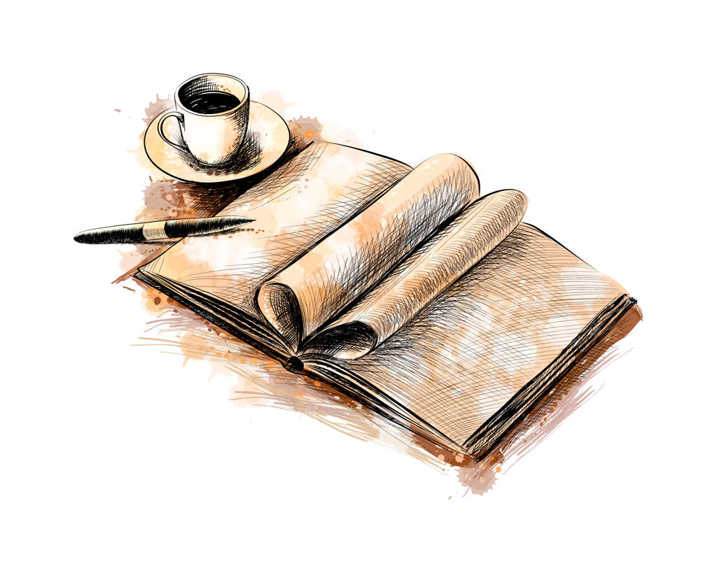 فنجان قهوه و کتابی با خودکار، طرح کشیده شده با آب‌رنگ و دست‌نقاشی. نقاشی رنگ‌ها
