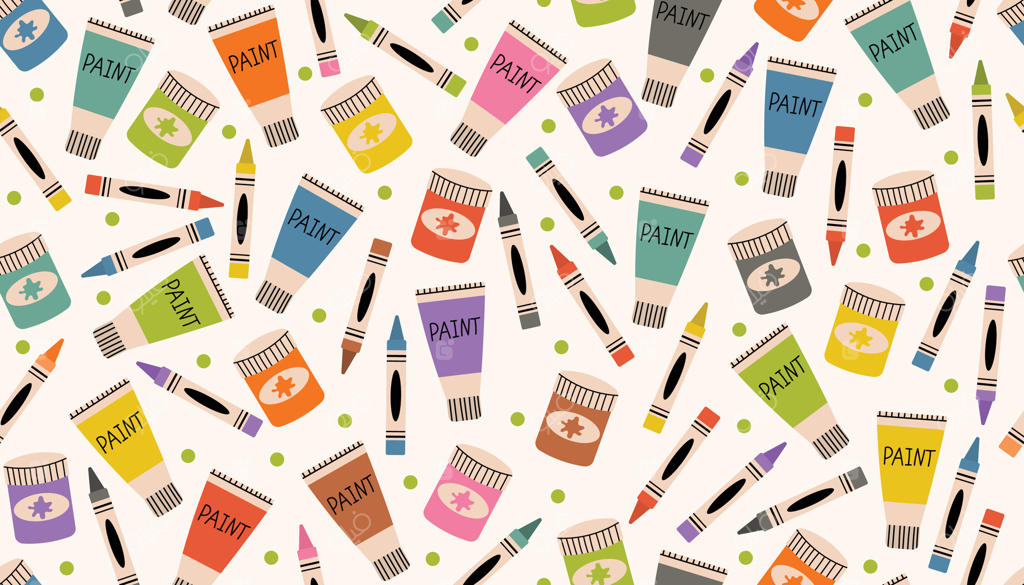 پترن یکپارچه رنگارنگ با مداد شمعی، گواش، رنگ روغن و نقاط پراکنده به صورت درهم برهم. سبک کارتونی مناسب محصولات هنری، طراحی کودکان و لوازم التحریر مدرسه.