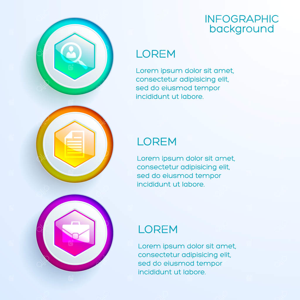 مفهوم اینفوگرافیک کسب‌وکار آنلاین با سه گزینه؛ شش‌ضلعی‌های براق و رنگارنگ و آیکون‌های مجزا