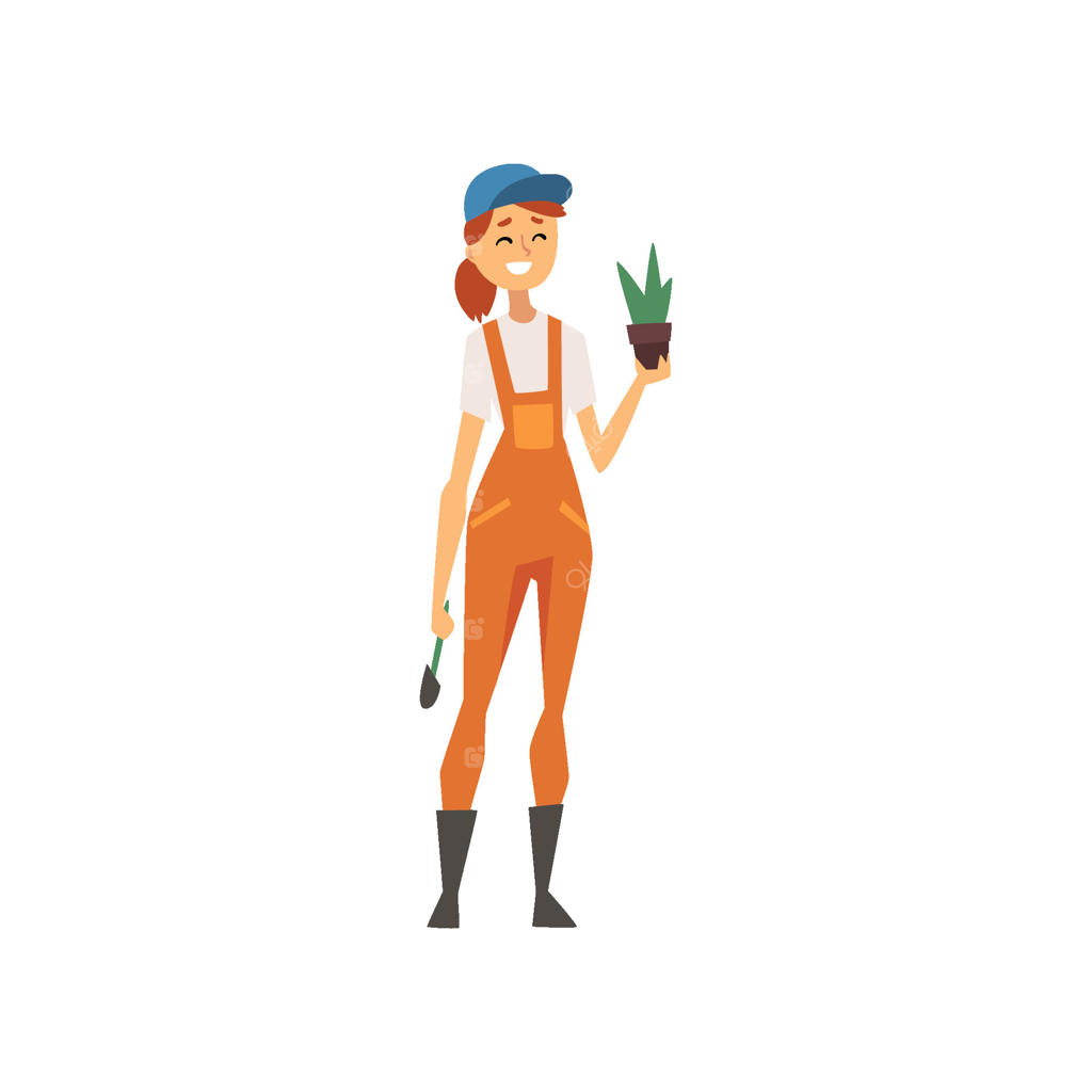 زن جوانی با لباس کار، در حال نگه داشتن گلدان، شخصیتی از یک دختر باغبان در حال کار، تصویرسازی