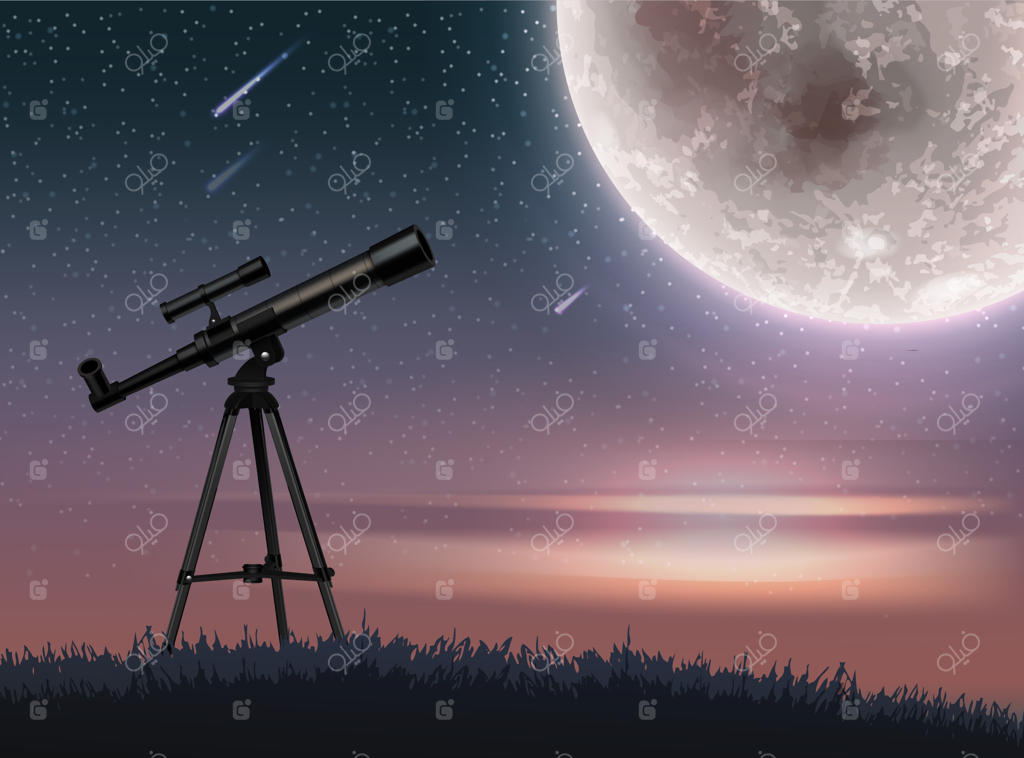 تصویر یک تلسکوپ در آسمان پرستاره‌ی غروب با شهاب‌سنگ‌ها و ماه کامل درخشان