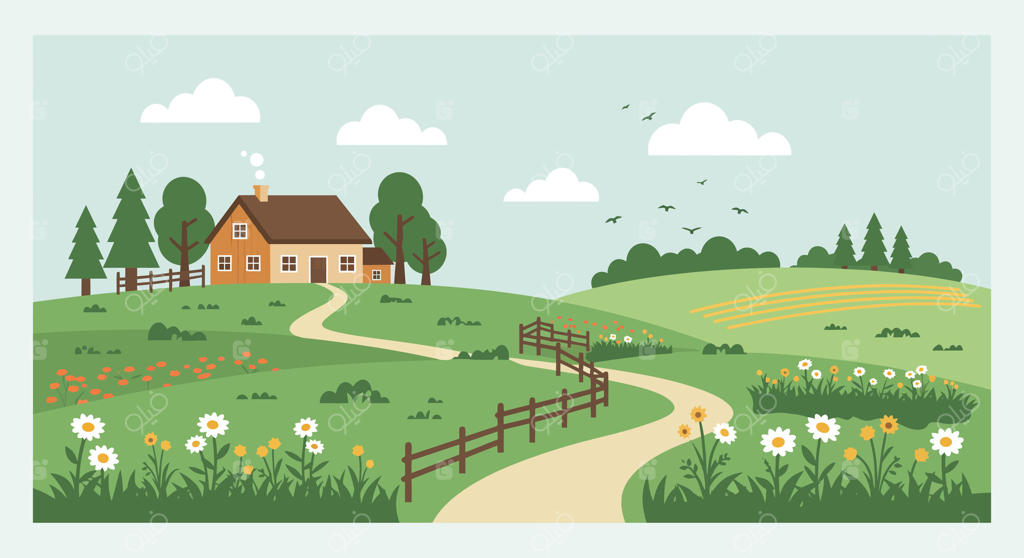 منظره‌ مزرعه با خانه و گل‌ها