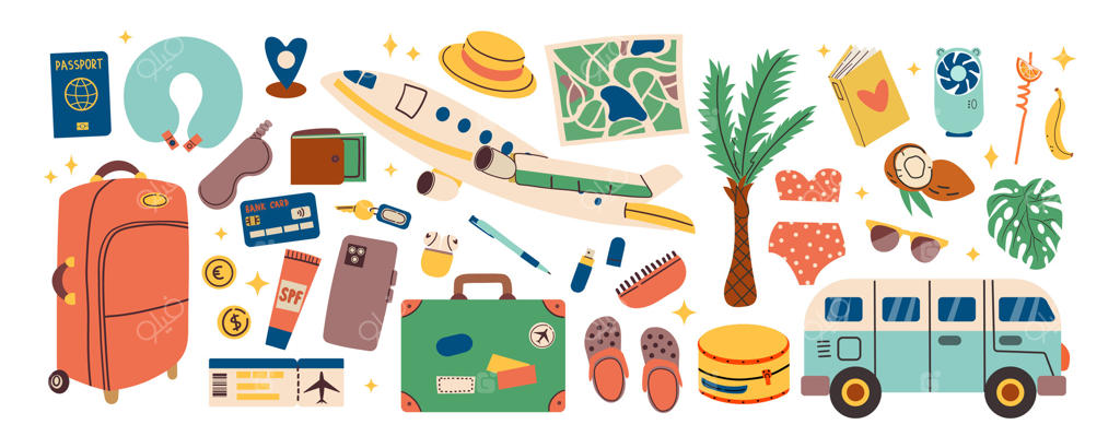 مجموعه آیکون‌های سفر: مفاهیم و اشیاء سفر. تصویرسازی دستی برای کارت و بنر