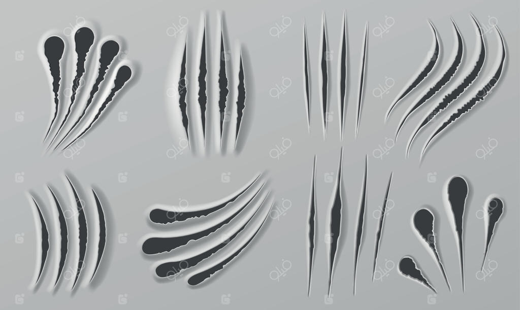 خراش های پنجه: آثار پاهای حیوانات وحشی. مجموعه‌ای از طرح‌های واقع‌گرایانه خراش‌های خرس، ببر یا شیر. بافت خراش هیولا یا حیوانات برای تم هالووین وحشت.