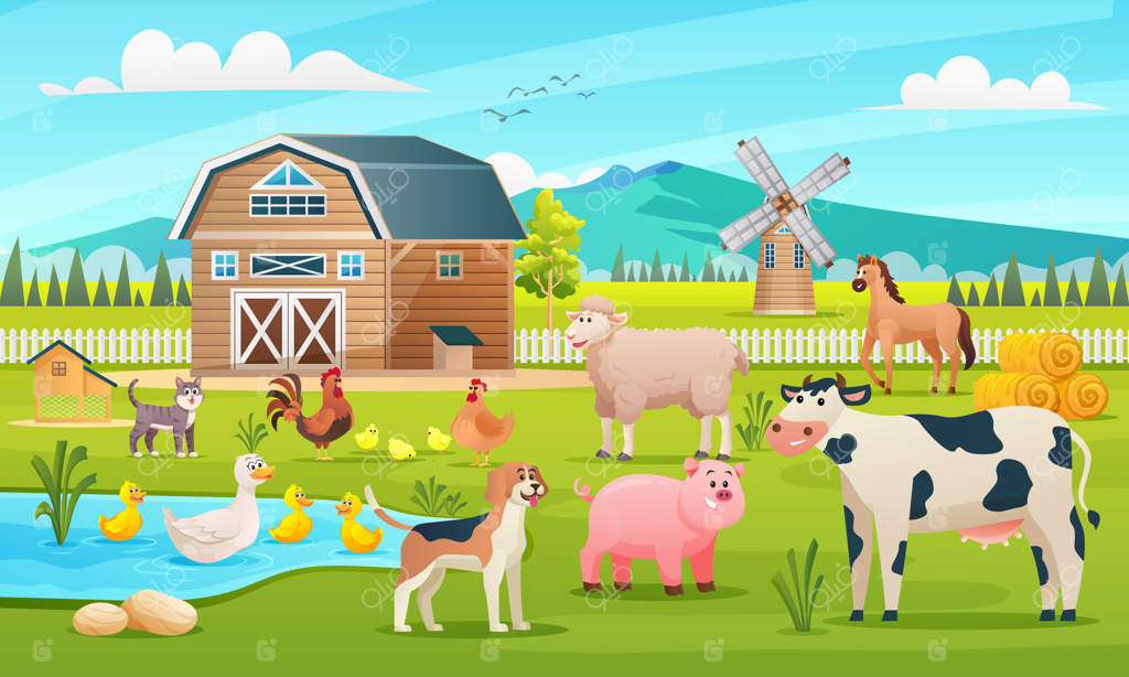حیوانات مزرعه در پس‌زمینه کارتونی مزرعه