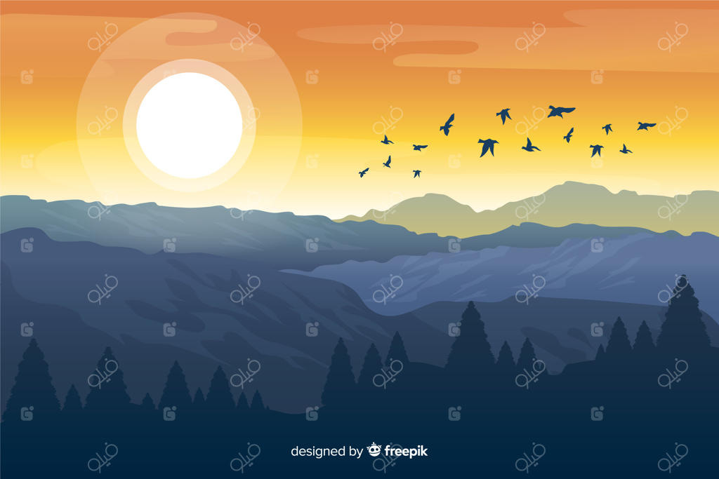 کوه‌ها با خورشید درخشان و پرندگان در حال پرواز