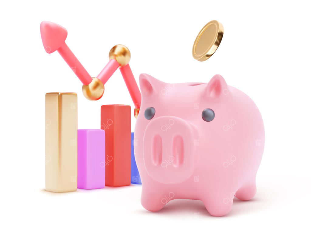 قلک بزرگ با نمودارهای سه‌بعدی رنگارنگ و فلش رو به بالا: پس‌انداز و رشد مالی، خدمات مالی، مفهوم سپرده‌گذاری.