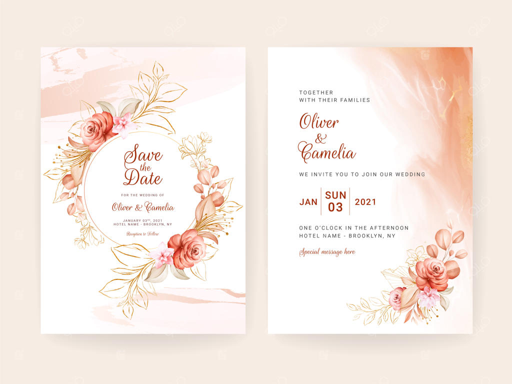 مجموعه قالب کارت دعوت عروسی طلایی با تزیین گل‌های خطی. پس‌زمینه انتزاعی برای ذخیره تاریخ، دعوت‌نامه، کارت تبریک و کاربردهای دیگر وکتور.