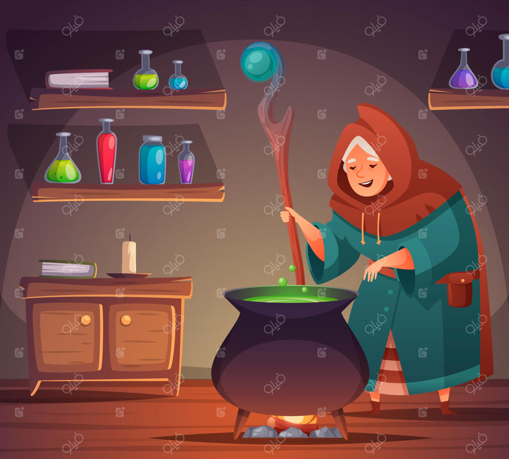 کارتون جادوگر قرون وسطایی با تصویر معجون و مواد در بطری‌ها