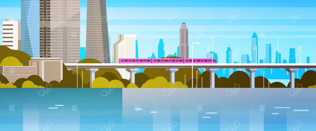 پانورامای مدرن شهری: قطار مترو بر روی رودخانه یا دریاچه در کنار آسمان‌خراش‌های شهر - یک تصویر پردازی