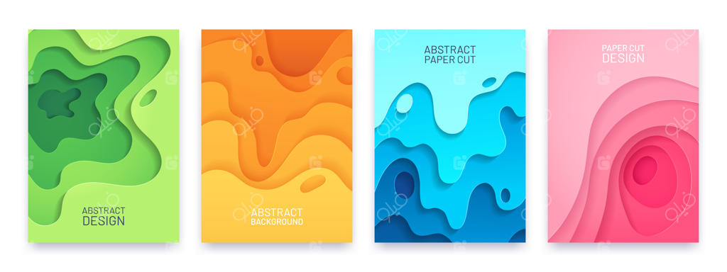 بنر با برش کاغذی: اشکال هندسی سه‌بعدی با گرادیان. لایه‌های موج‌بری شده برای بروشور، جلد و پوستر. مجموعه‌ای از هنر حکاکی. تزئین موج و ترکیب‌بندی هندسی.