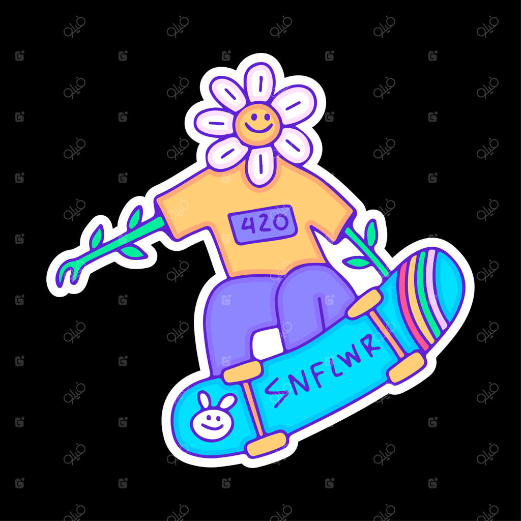 طرح تی‌شرت با تصویر اسکیت‌سواری و شخصیت گل آفتابگردان هیجان‌انگیز