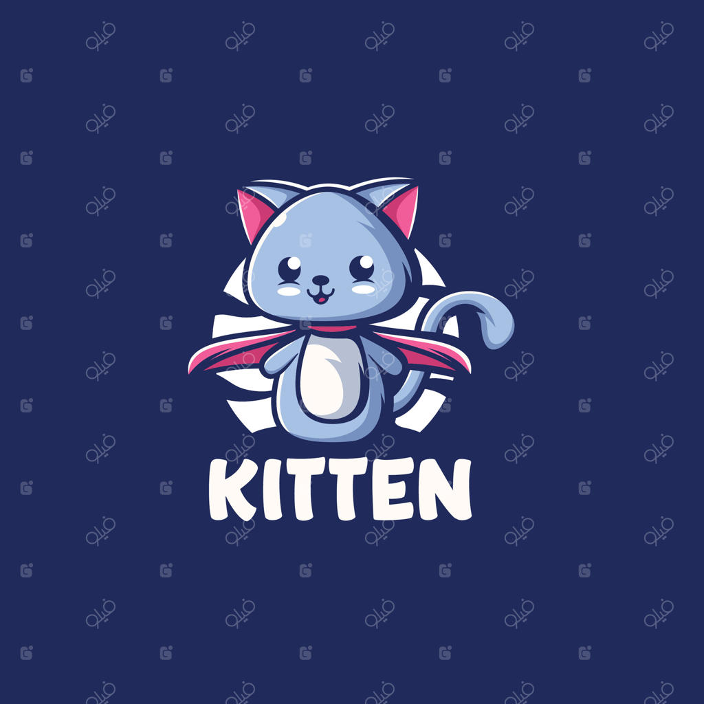 طراحی لوگوی کارتونی گربه آبی بامزه با کلاه‌خود صورتی و شال‌گردن قرمز، جذاب و بازیگوش برای کودکان