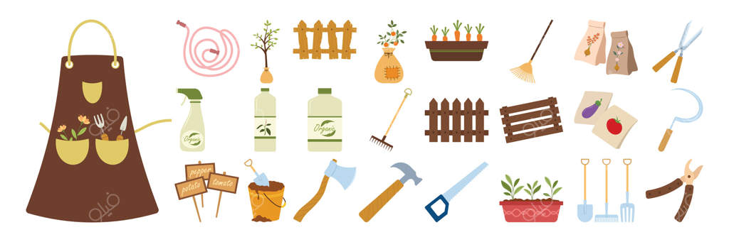 ابزارهای ساده باغبانی، گیاهان، نرده‌ها و لوازم جانبی برای باغ‌های خانگی.