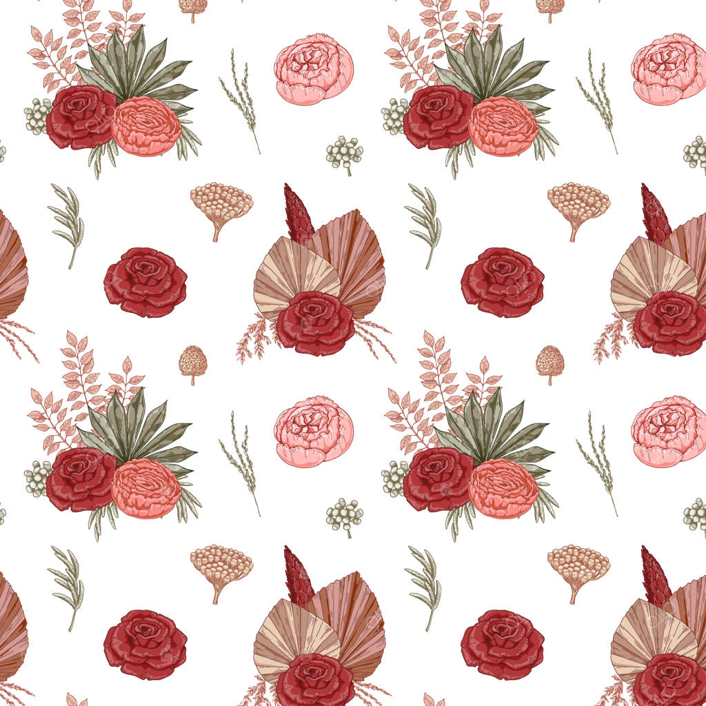 طرح یکپارچه مدرن گل‌های خشک طراحی بوهو – تصویرسازی برداری دست‌کشیده