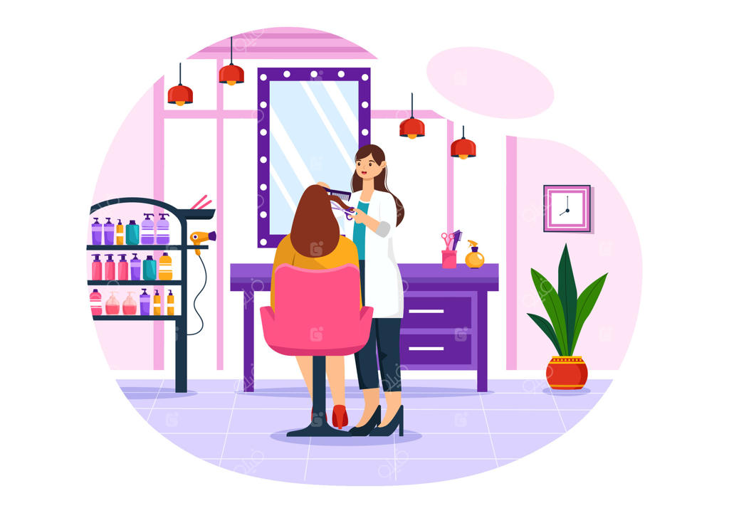 تصویرسازی کلینیک مو با آرایشگر: پیرایش، مراقبت و مدل مو در سالن زیبایی یا آرایشگاه در پس‌زمینه کارتونی جذاب