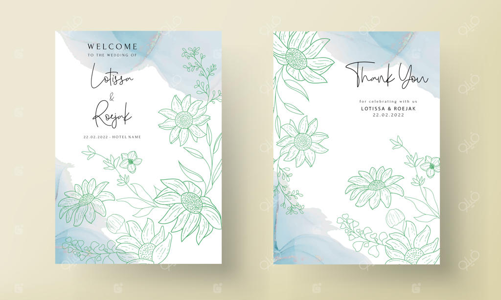 کارت دعوت عروسی با طراحی گُل‌های خطی و زیبا