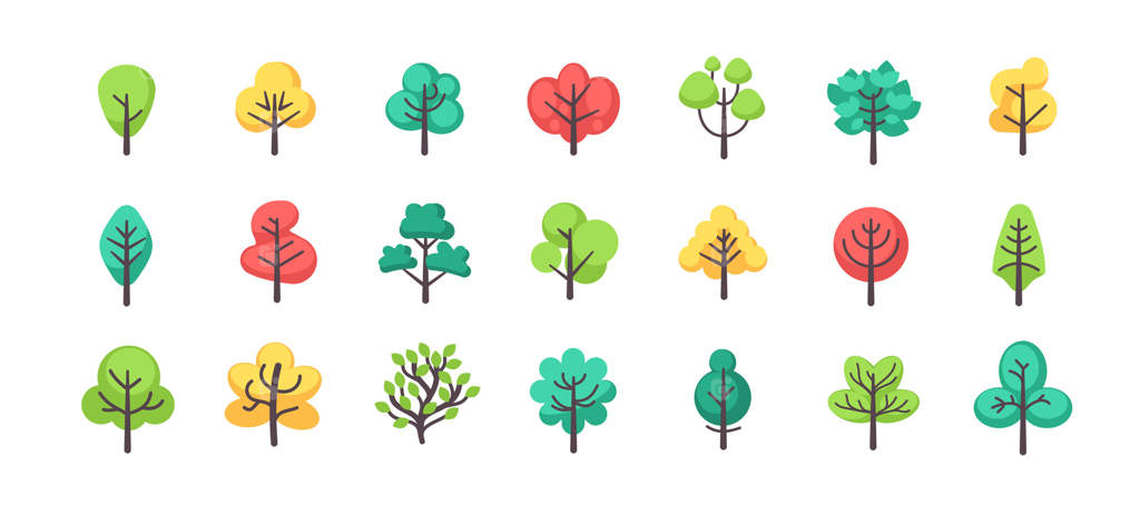 درخت ساده. جنگل سبز مسطح. گیاه باغ گیاه‌شناسی ساده‌لوح با برگ‌ها، تاج و تنه. درختان پارک. صحنه طبیعت. گرافیک سبز دوستدار محیط زیست. مجموعه سیلوئت جنگل‌ها