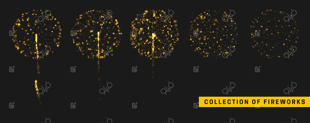 طرح واقعی آتش‌بازی جشنواره. افکت نور طلایی. مجموعه‌ای از آتش‌بازی‌های طلایی روی پس‌زمینه سیاه. تصویرسازی وکتور.