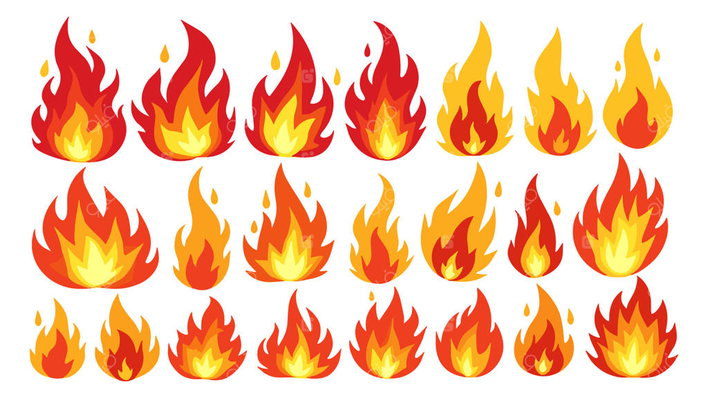 مجموعه تصویرسازی‌های کارتونی آتش شامل گوی‌های آتشین، آتش کمپ و آتش‌های بزرگ با نمایش قدرت و انرژی شعله‌ها