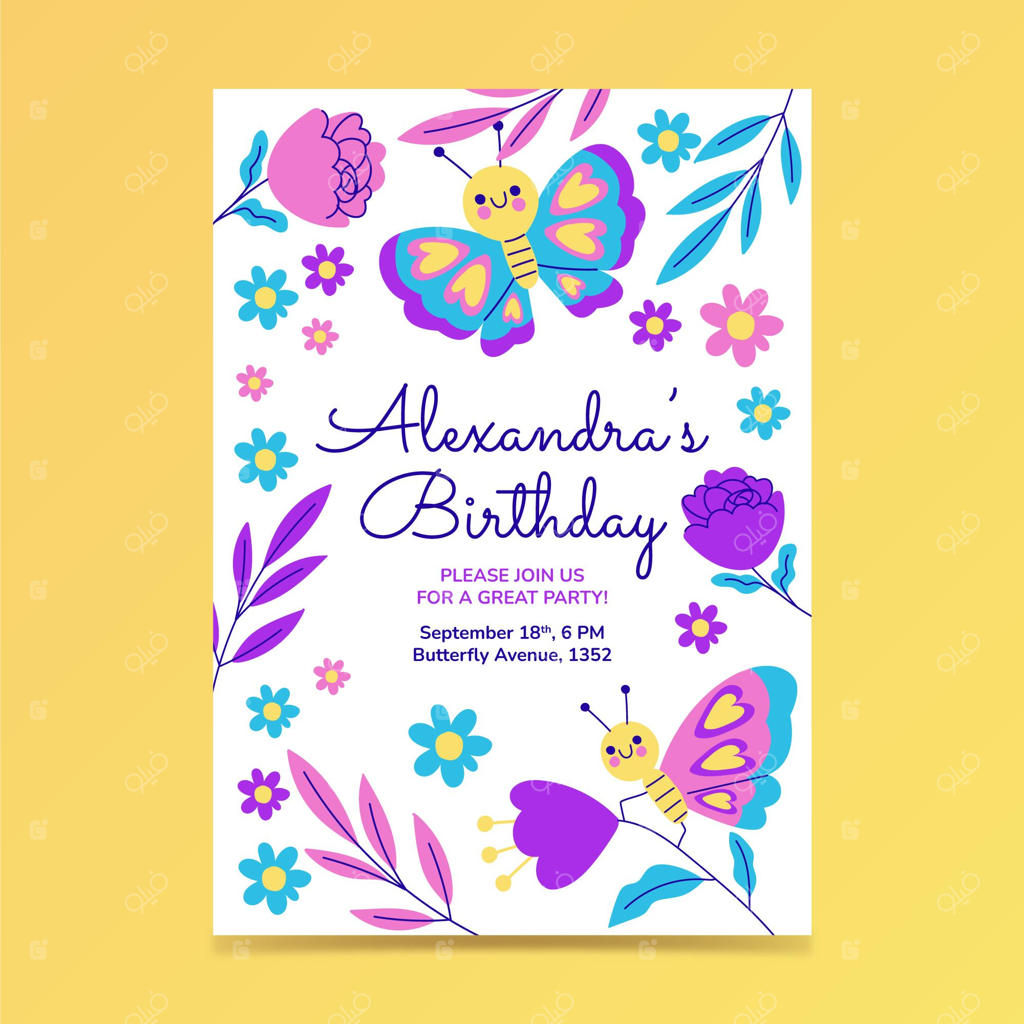 الگوی دعوتنامه تولد با طرح پروانه