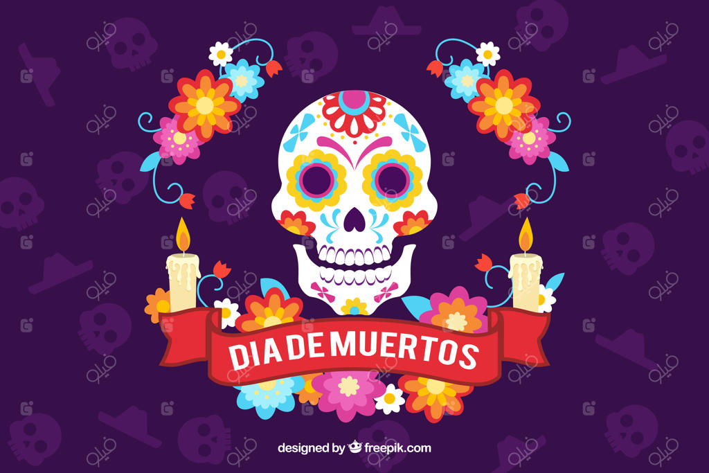 پس‌زمینه روز مردگان با جمجمه و شمع‌های تزیینی