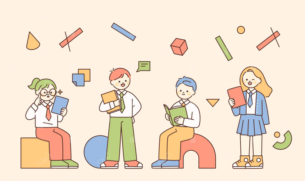 دانش‌آموزان در یونیفرم مدرسه نشسته یا ایستاده با کتاب‌ها - شکل‌های پایه تزئین شده‌اند