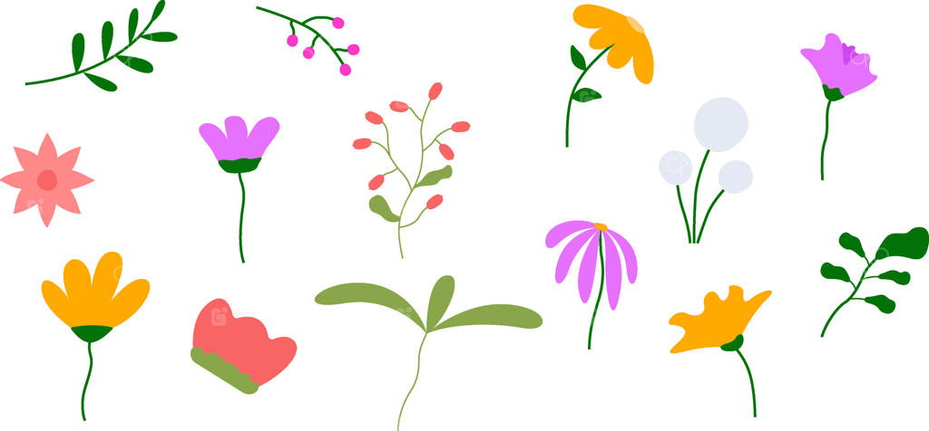 مجموعه‌ای از عناصر طراحی گل‌های رنگارنگ بهاری. تصویرسازی گل‌های دست‌کشیده روی زمینه سفید