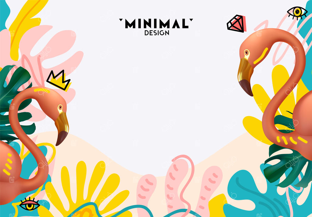 زمینه تابستانی با فلامینگوی سه‌بعدی صورتی و برگ‌ نخل‌های سبز در سبک فلت. طراحی مینیمال پوستر و بنر تابستانی. فضای مناسب برای متن. تصویر وکتور