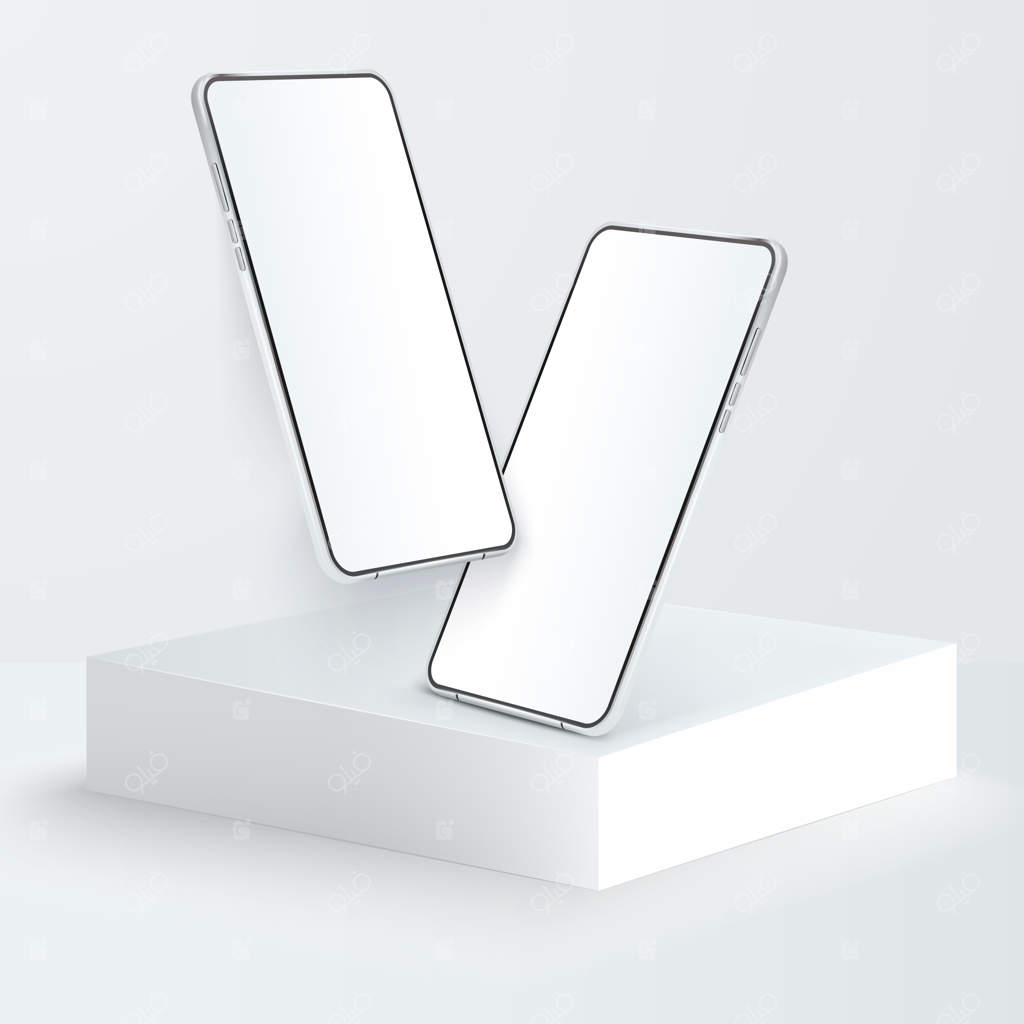 دو گوشی هوشمند سفید واقع‌گرایانه روی سکوی مربعی. موبایل‌های سه‌بعدی با صفحه نمایش سفید خالی