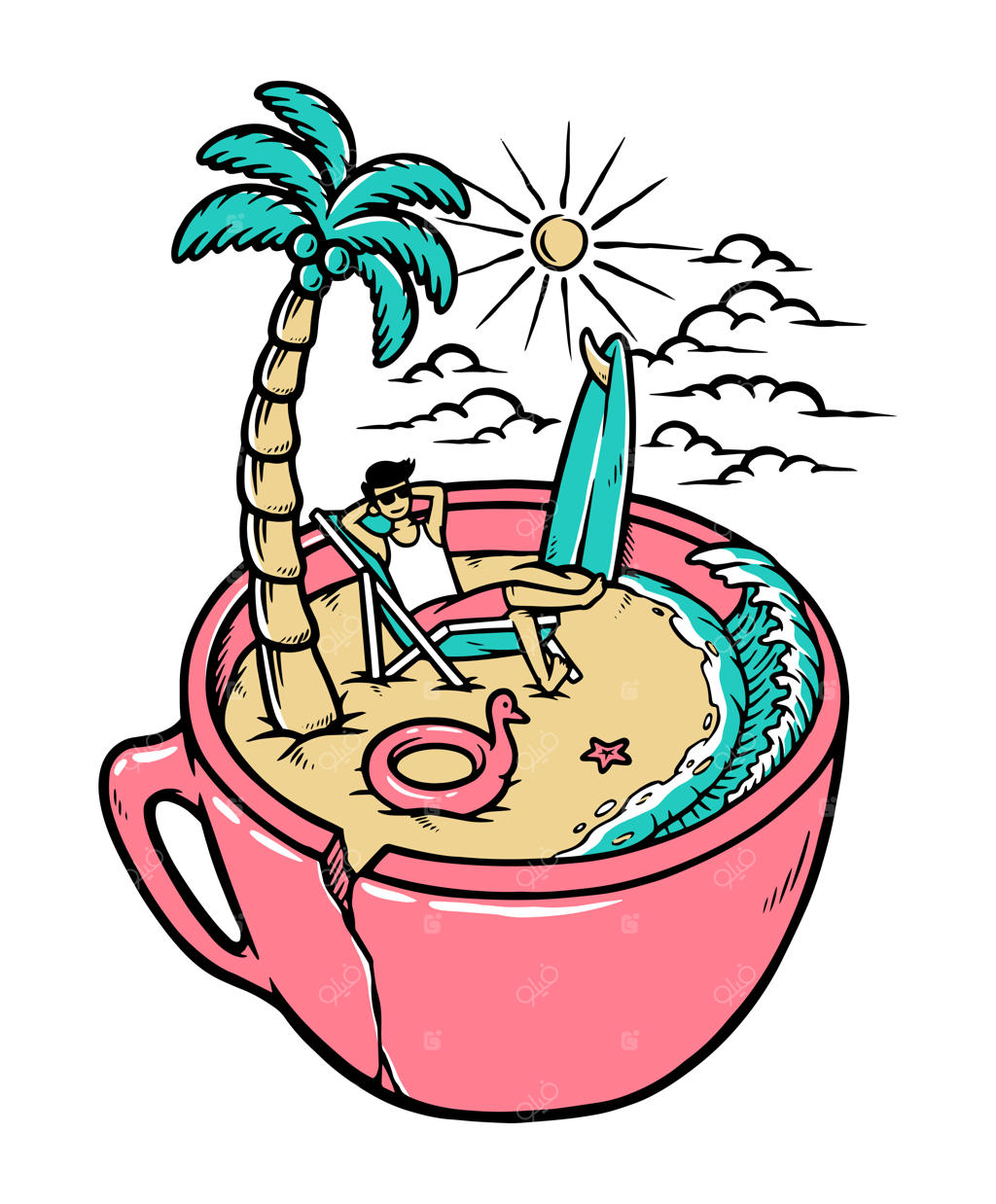 تصویر یک فنجان قهوه با منظره ساحل