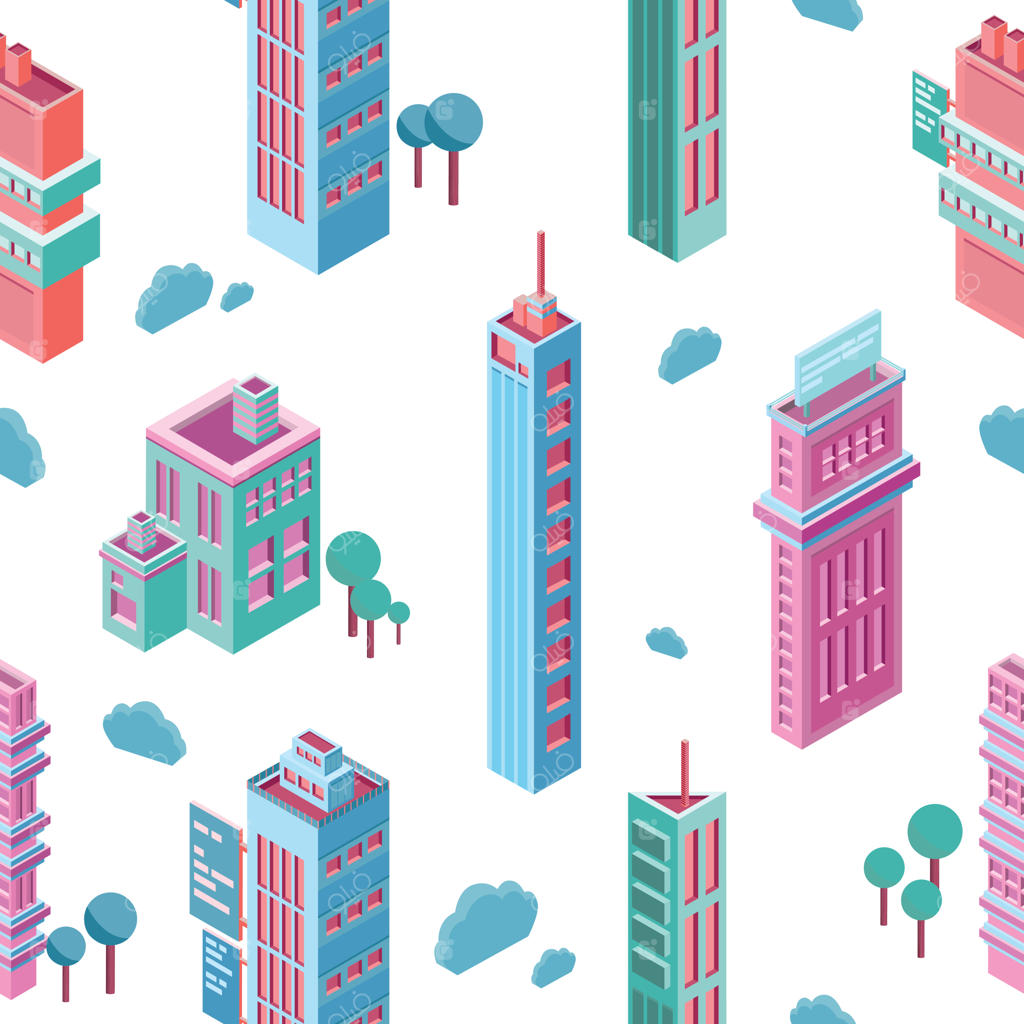 پترن یکپارچه با ساختمان‌ها و آسمان‌خراش‌های ایزومتریک شهری