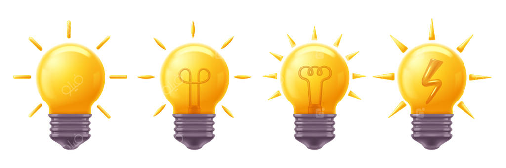 آیکون‌های سه‌بعدی لامپ؛ نماد ایده درخشان یا راه‌حل نوآورانه، انرژی الکتریکی و مجموعه لامپ‌های زرد