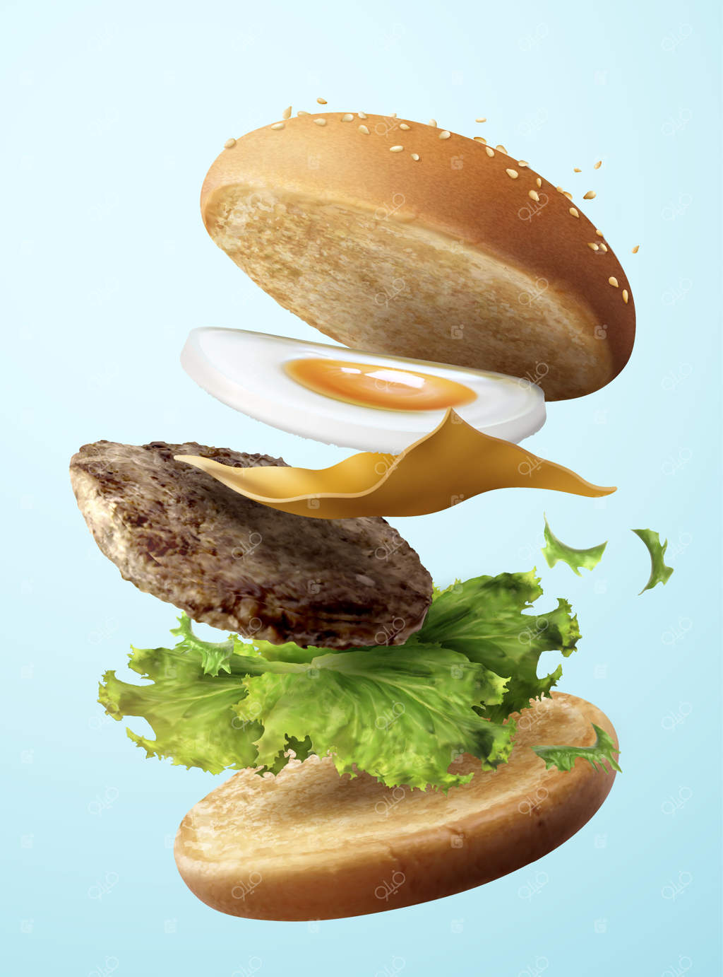 تصویر سه‌بعدی یک همبرگر خوشمزه با تخم‌مرغ، در حال پرواز در آسمان آبی