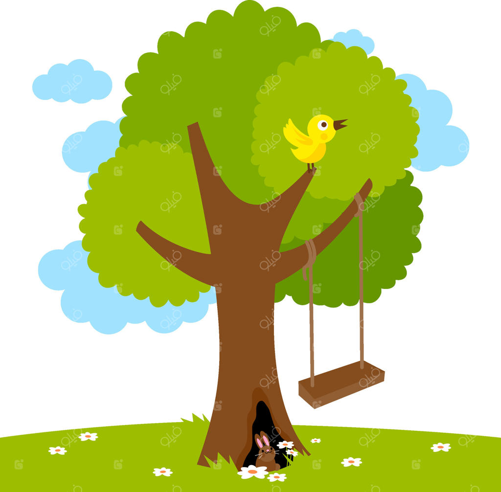 تاب بازی روی شاخه درخت در زمین بازی باغ. بازی در فضای باز و طبیعت. تاب حیاط و حیوانات و پرندگان زیبا روی چمن سبز.