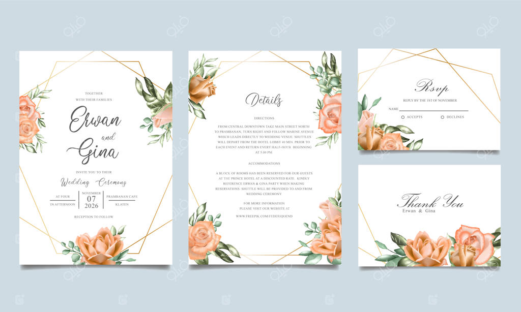 قالب کارت دعوت عروسی با طراحی آبرنگی