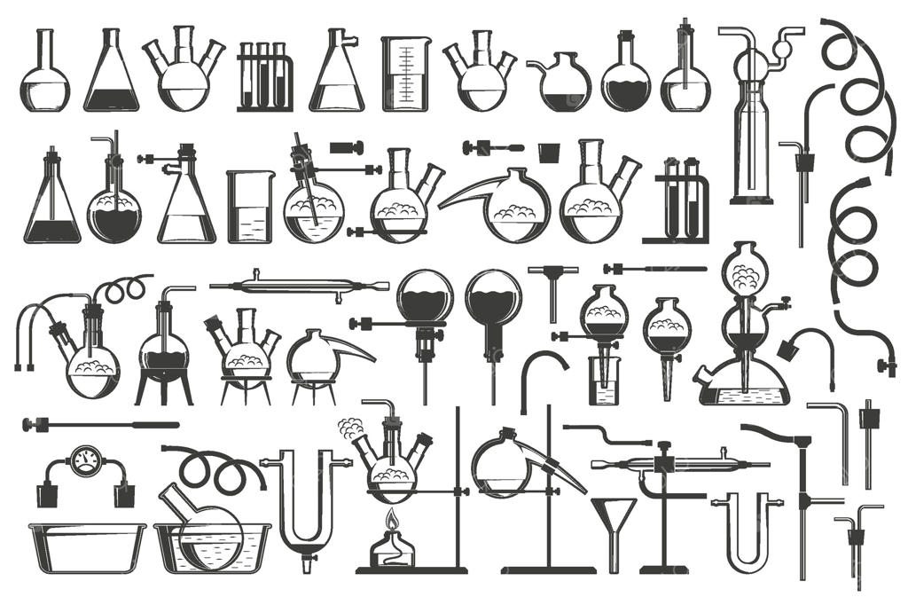 مجموعه‌ای عالی از المان‌های طراحی شیمی - شامل تجهیزات، بالن‌ها، ظروف تقطیر، مخازن، پایه‌ها، شلنگ‌ها و غیره.