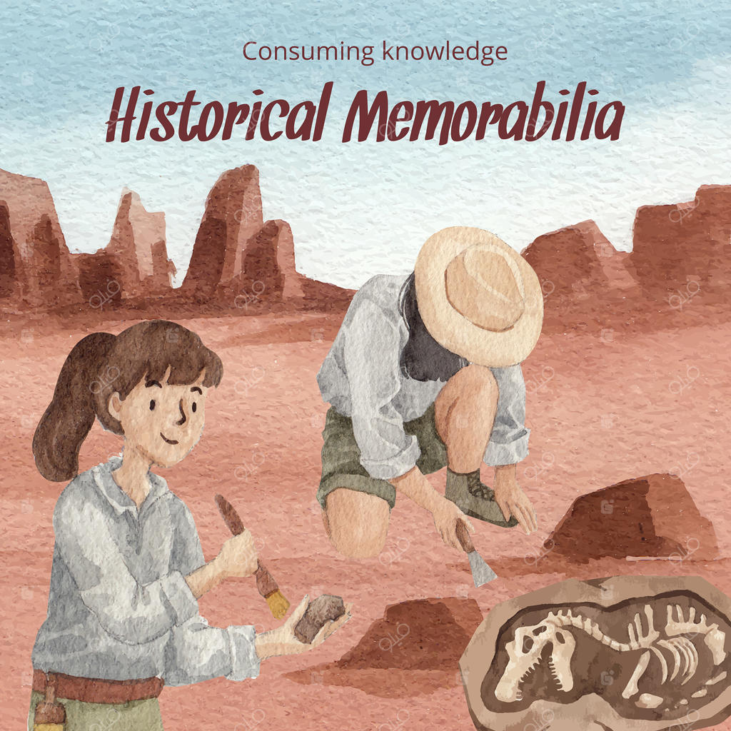 قالب پست اینستاگرام با طرح باستان‌شناس فسیل به سبک آبرنگی