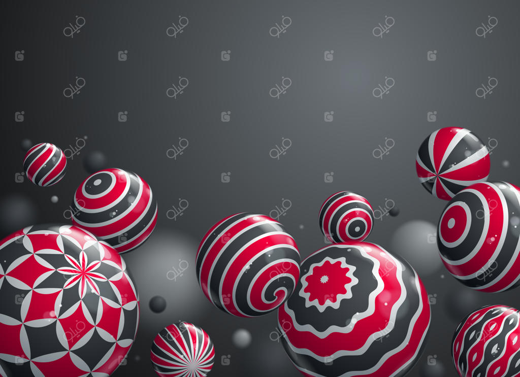 تصویرسازی وکتور واقعی از کره‌های براق با فضای خالی برای متن، پس‌زمینه‌ای انتزاعی با توپ‌های زیبا و طرح‌ها و اثر عمق میدان، مفهوم طراحی کره‌های سه‌بعدی.