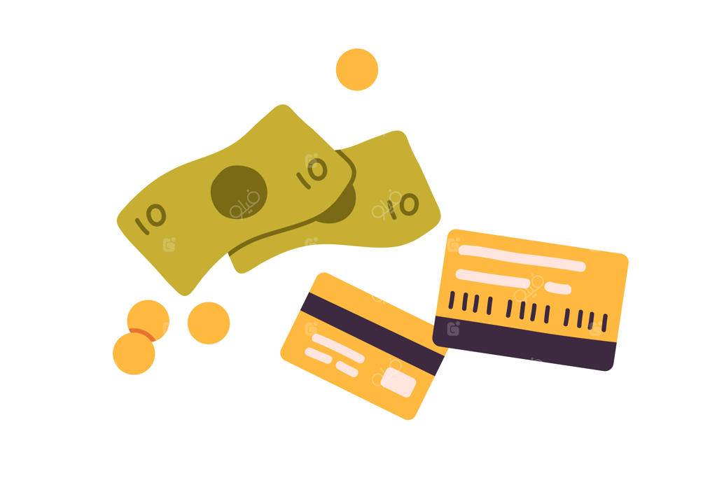 کارت‌های اعتباری بانکی، اسکناس‌های دلار و سکه‌ها. ترکیب پول کاغذی و پلاستیکی. انواع ارزهای مختلف. تصویرسازی وکتور به صورت تخت و جدا از پس‌زمینه.