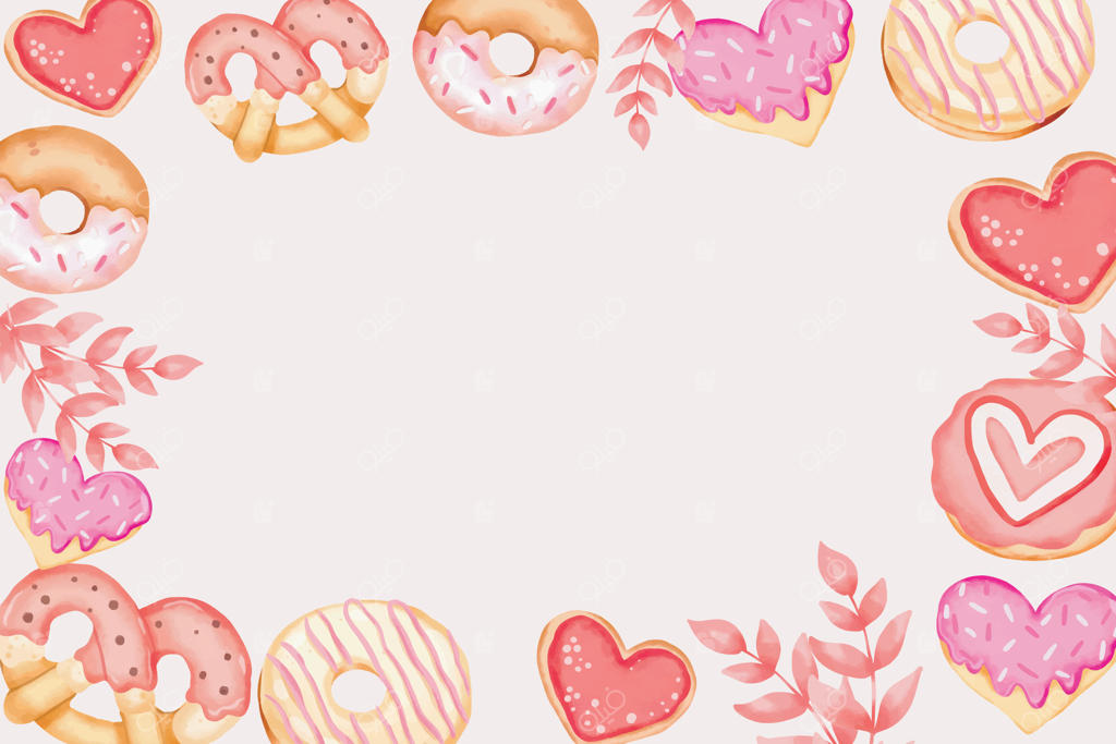 نقاشی آبرنگی دونات‌ها و کوکی‌های قلبی برای روز ولنتاین