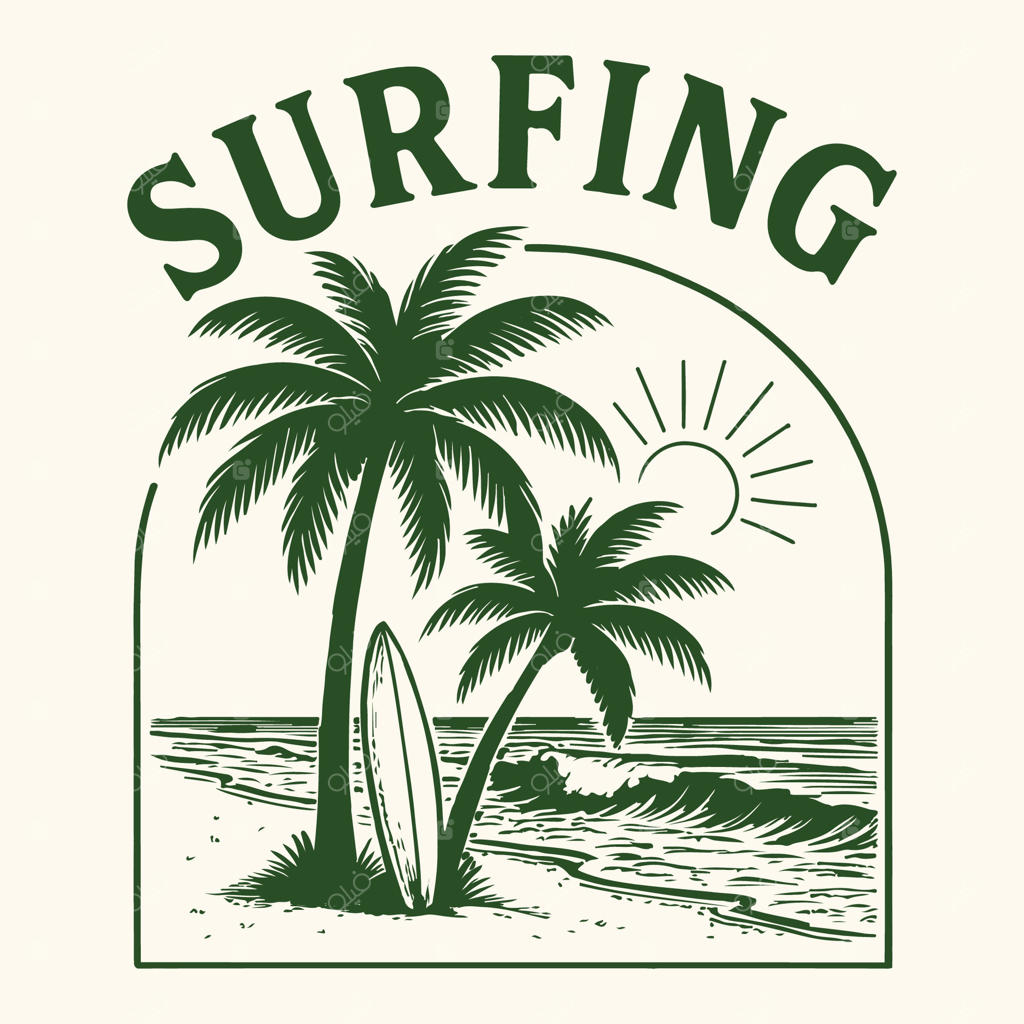 لوگوی موج‌سواری با درختان نخل و تخته موج‌سواری