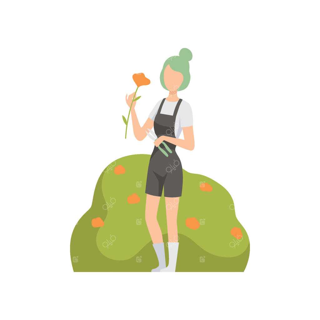 تصویری از دختری که گل‌ها را از بوته می‌چیند و افرادی که در باغ کار می‌کنند