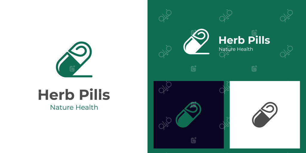 طراحی لوگوی کپسول گیاهی با برگ، آیکون لوگوی داروی طب سنتی