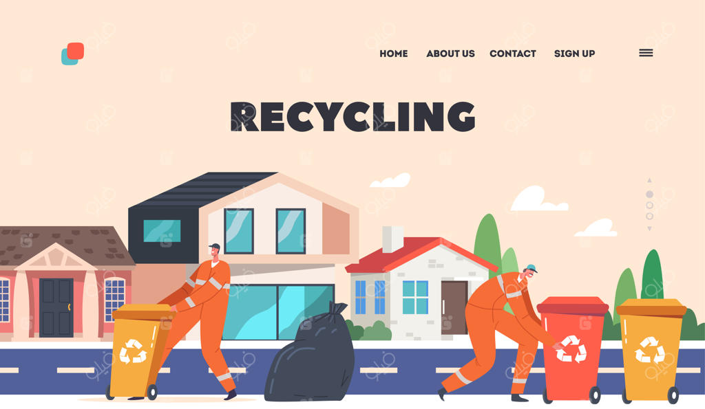 قالب صفحه فرود بازیافت: کارکنان خدمات نظافت شهری در حال جمع‌آوری زباله‌ها در خیابان‌ها با یونیفرم مخصوص