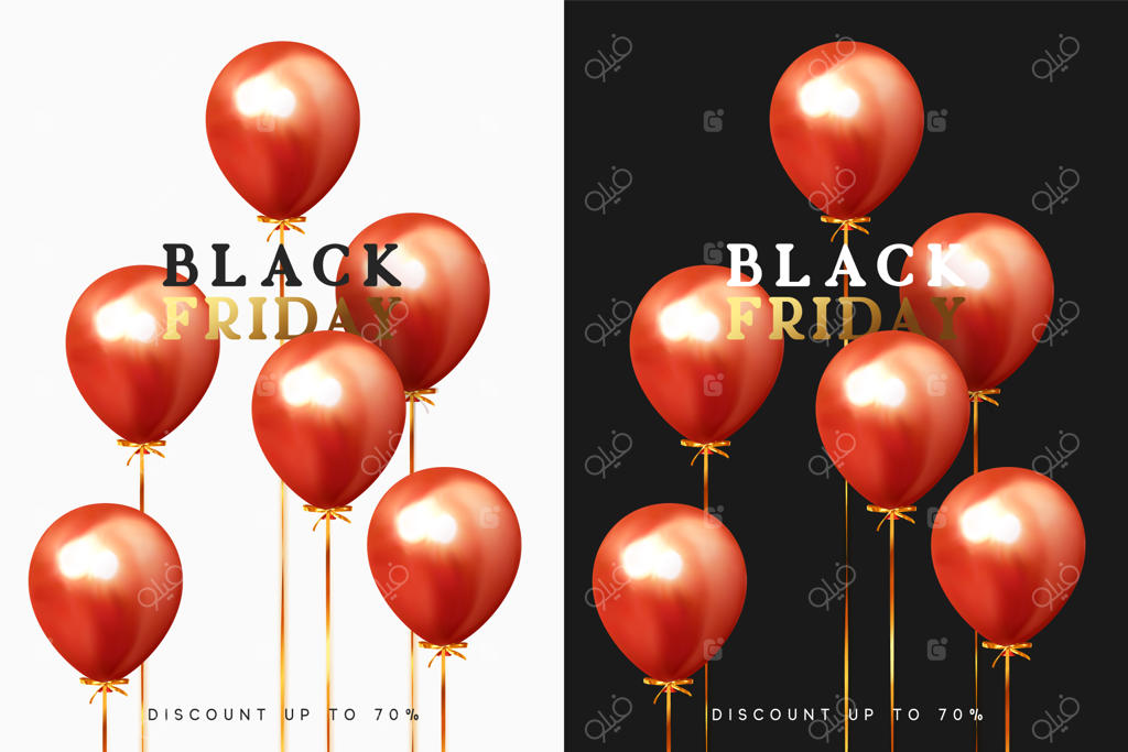 فروش ویژه بلک فرایدی. پس‌زمینه جشن با بادکنک‌های واقعی. گروهی از بادکنک‌ها با روبان قرمز. تخفیف تا ۷۰٪. طراحی بنر، پوستر یا بروشور، کارت. تصویر برداری وکتور