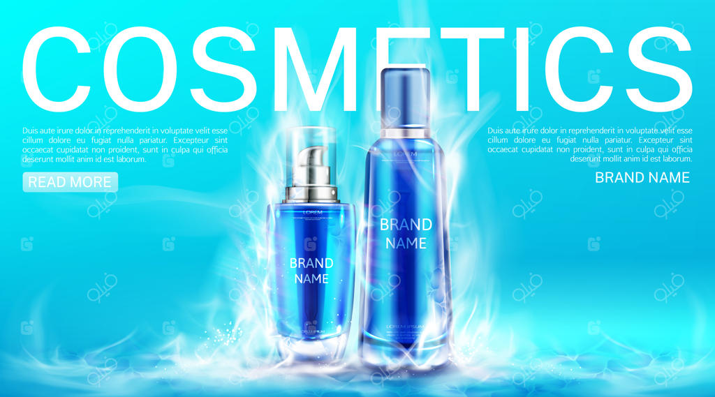 قالب صفحه فرود: بطری‌های لوازم آرایشی در ابر دود یخ خشک