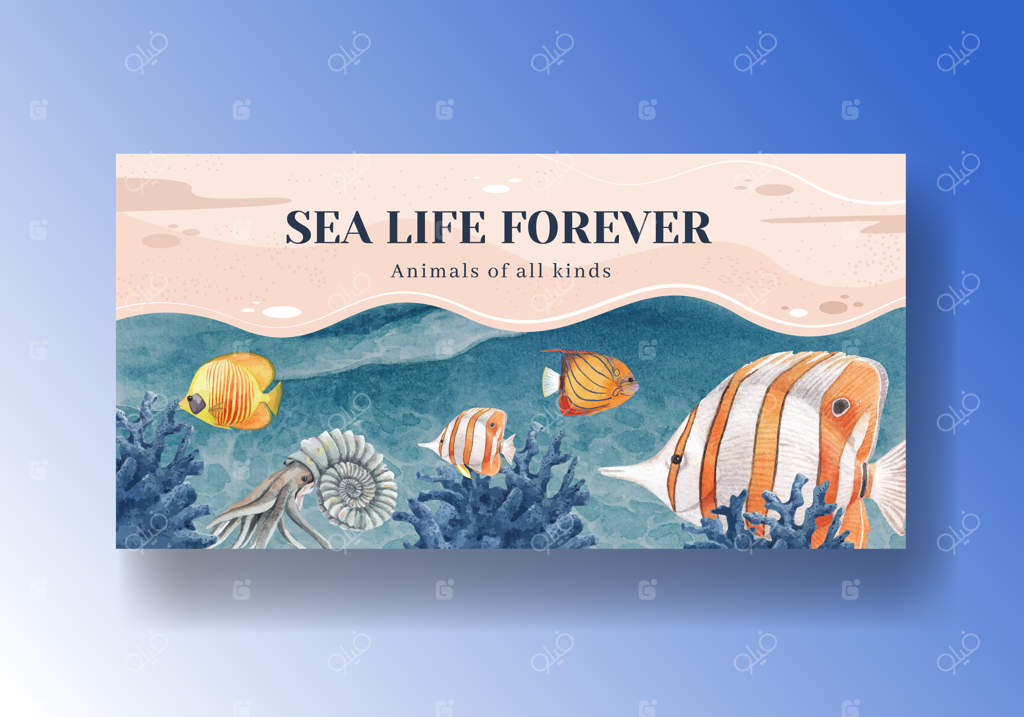 قالب شبکه‌های اجتماعی با طراحی آب‌رنگی از زندگی دریایی