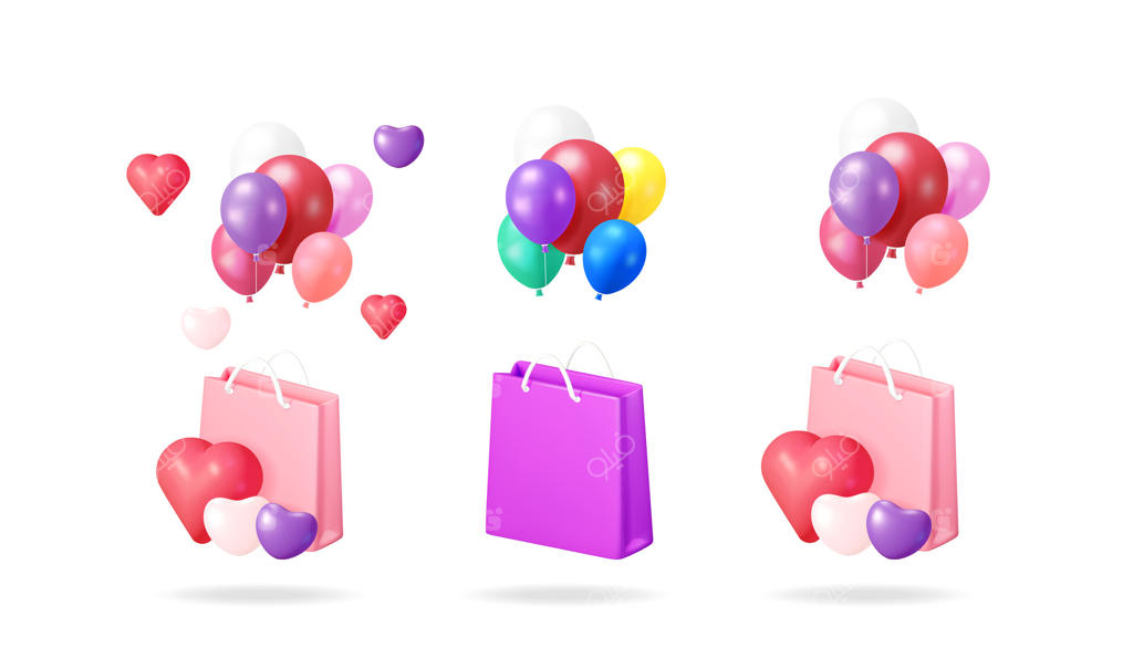 مجموعه‌ای از تصاویر سه‌بعدی شامل کیسه‌های خرید، بادکنک‌های براق و قلب‌ها. خرید برای تعطیلات، فروش و هدیه.