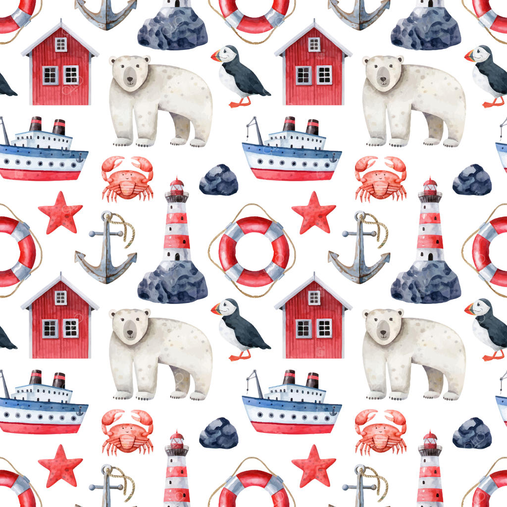 الگوی یکپارچه دریای شمالی در پس‌زمینه سفید - تصویرسازی آبرنگی برای اتاق کودک